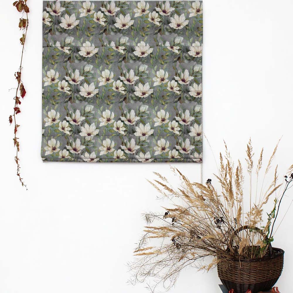 Midnight Garden Floral Smoke Grey Satin Roman Blind (DS417B)