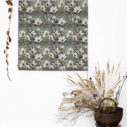 Midnight Garden Floral Smoke Grey Satin Roman Blind (DS417B)