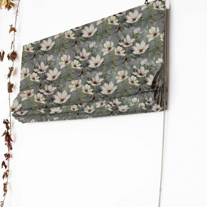 Midnight Garden Floral Smoke Grey Satin Roman Blind (DS417B)