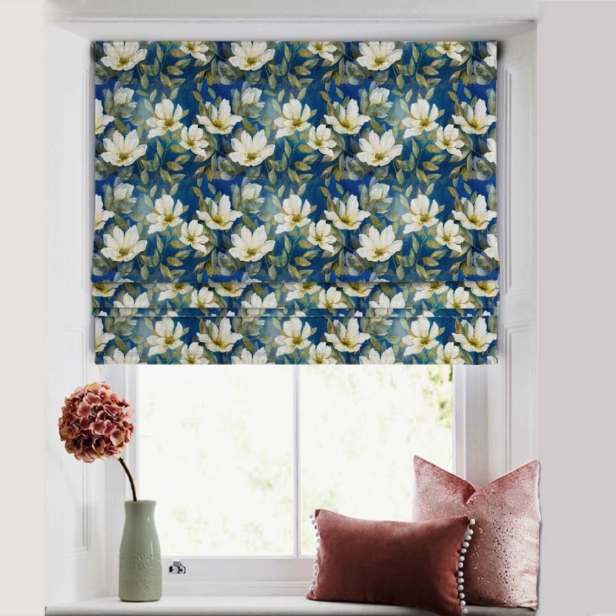 Midnight Garden Floral Azure Blue Satin Roman Blind (DS417C)