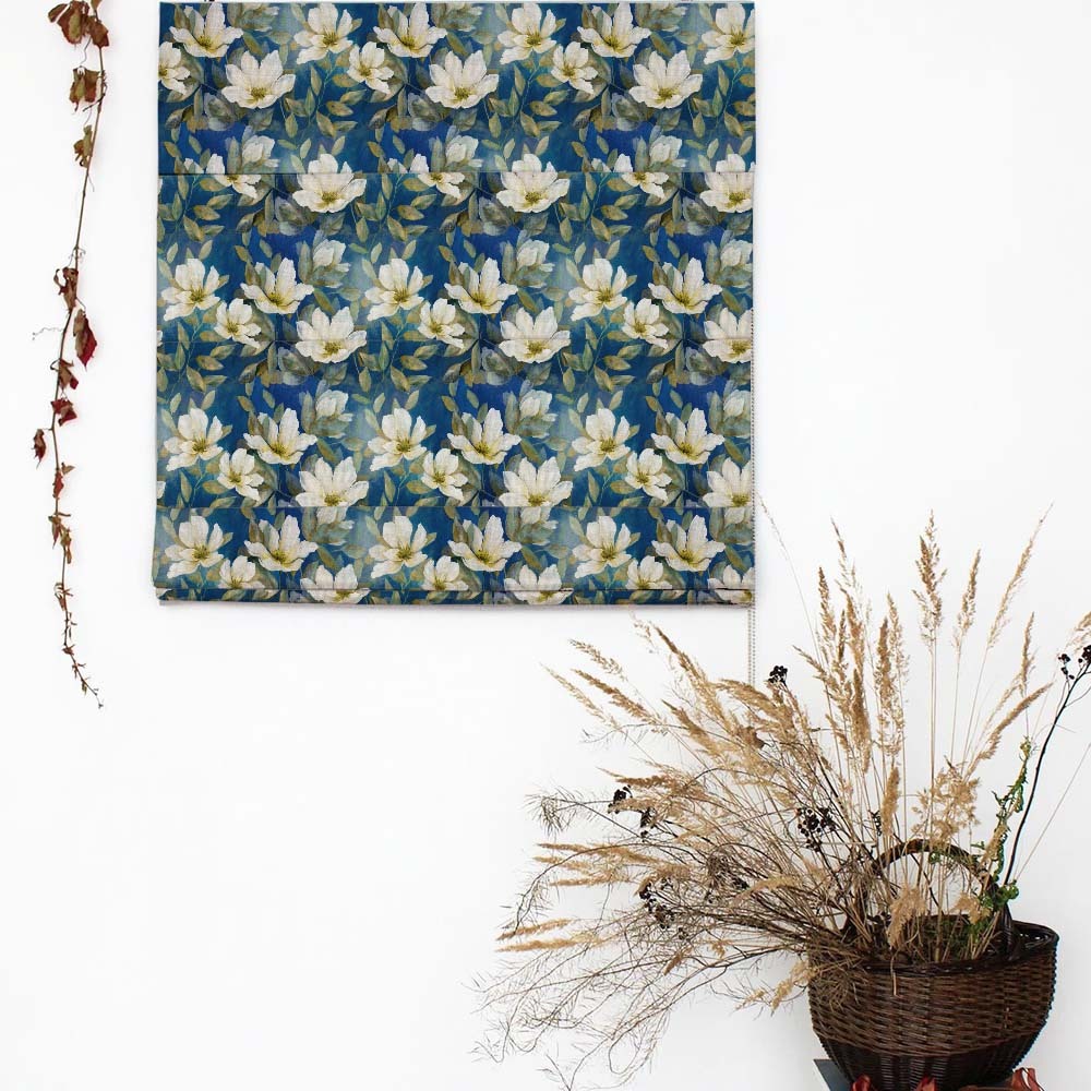 Midnight Garden Floral Azure Blue Satin Roman Blind (DS417C)