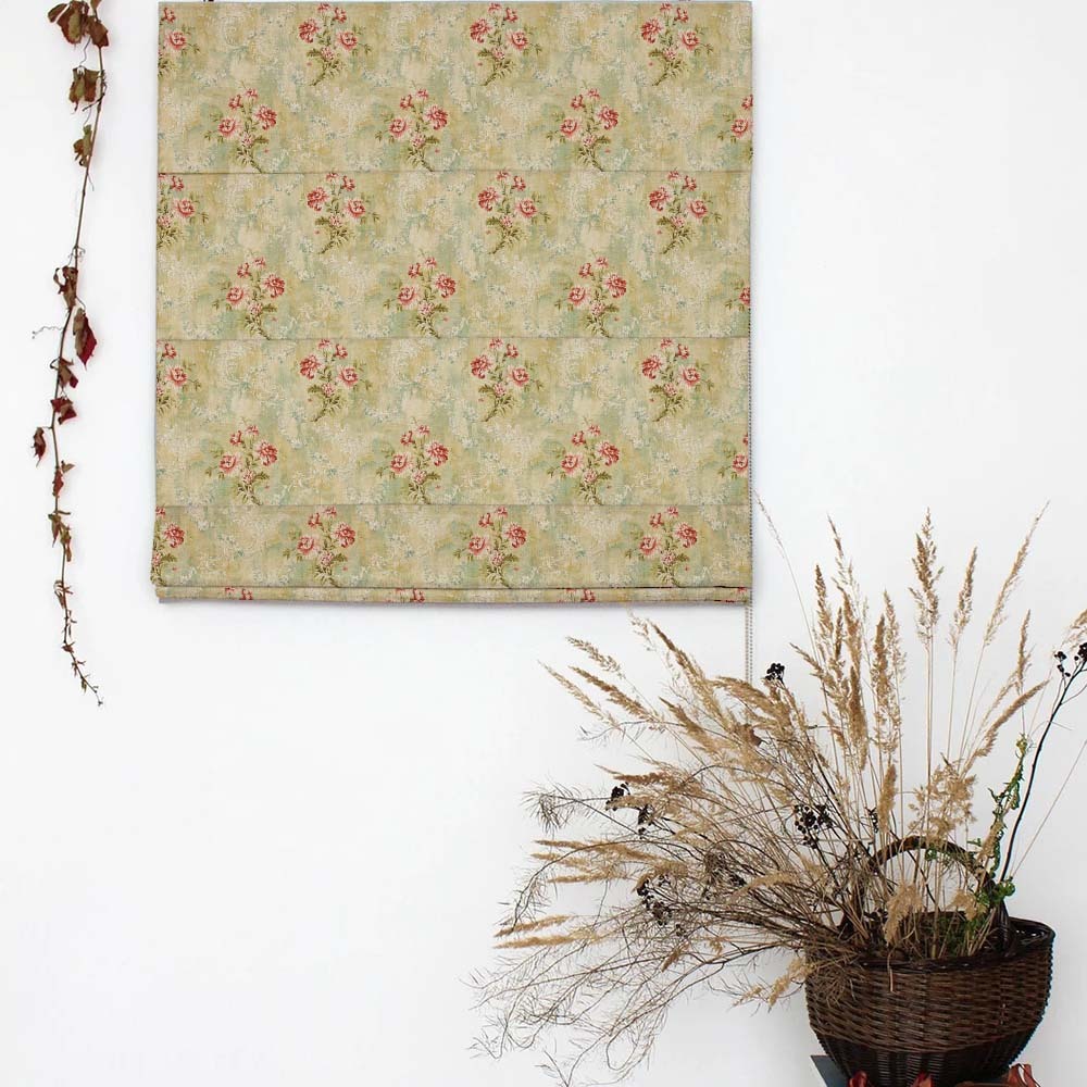 Nostalgic Bouquet Floral Sage Green Satin Roman Blind (DS426A)