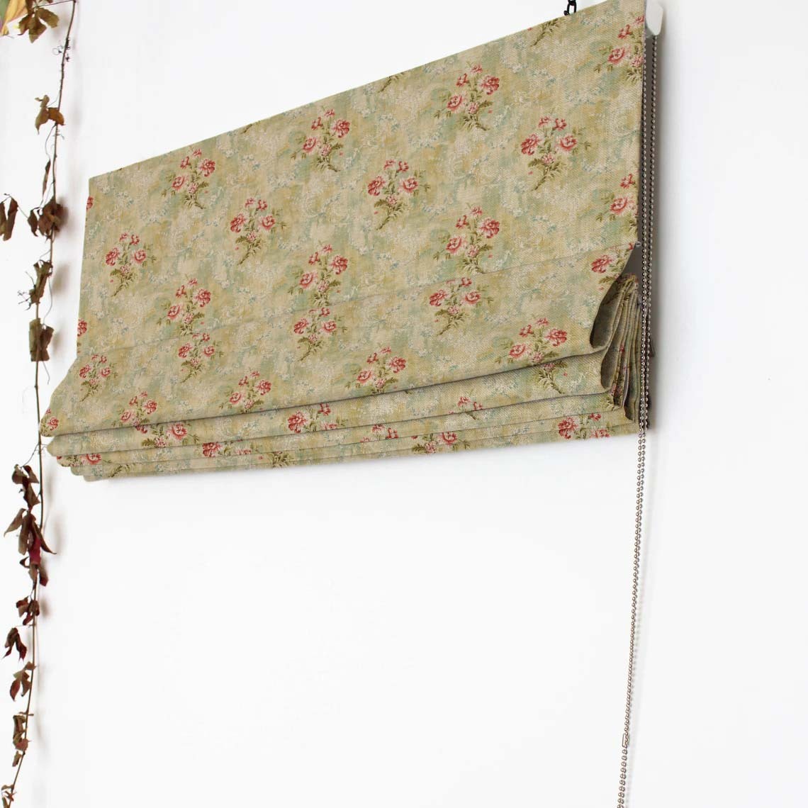 Nostalgic Bouquet Floral Sage Green Satin Roman Blind (DS426A)