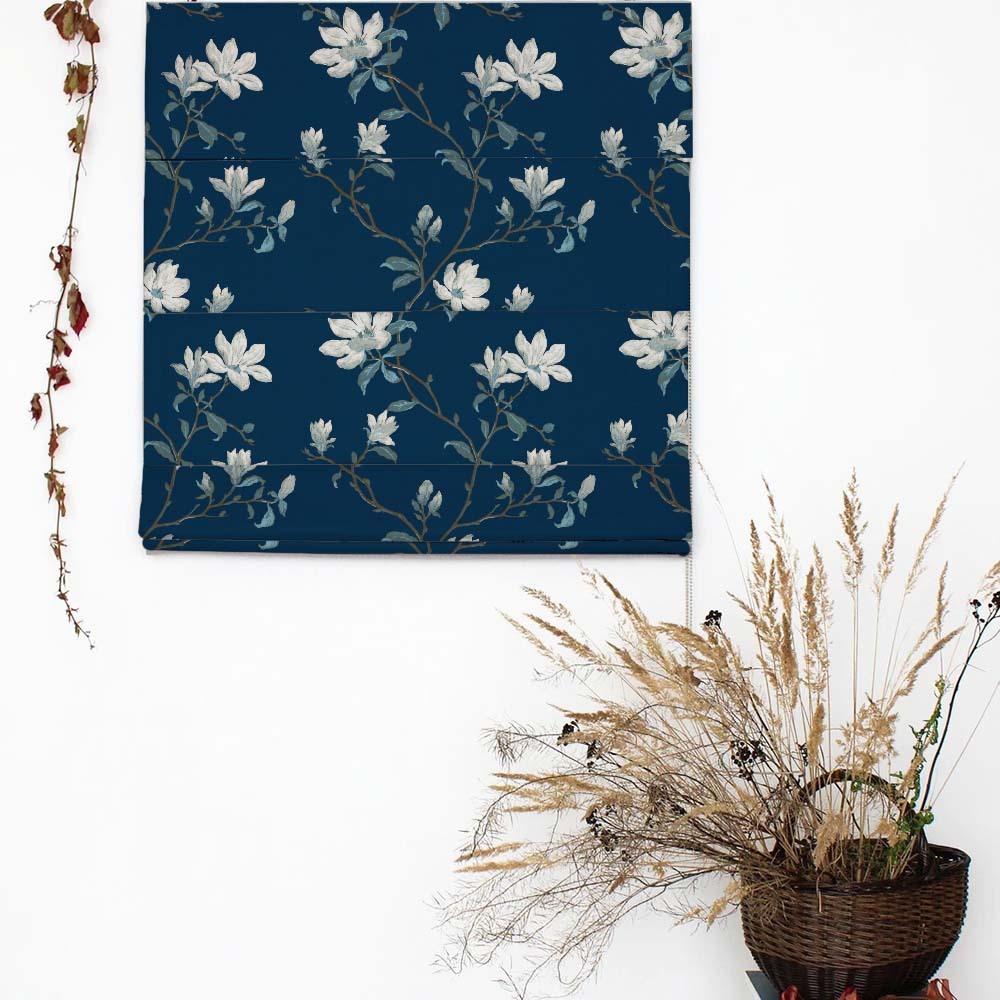 Blooming Vines Floral Midnight Blue Satin Roman Blind (DS428A)