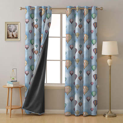 Hot Air Ballons Kids Sky Blue Heavy Satin Blackout Curtains Set Of 2 - (DS462A)