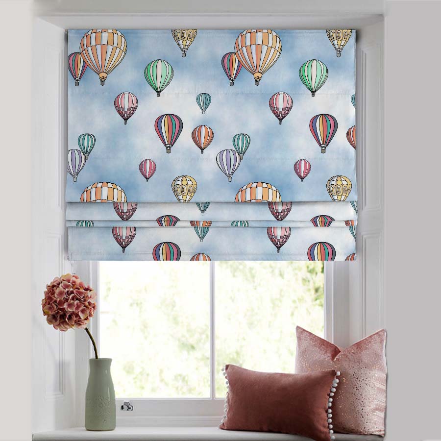 Hot Air Ballons Kids Sky Blue Satin Roman Blind (DS462A)