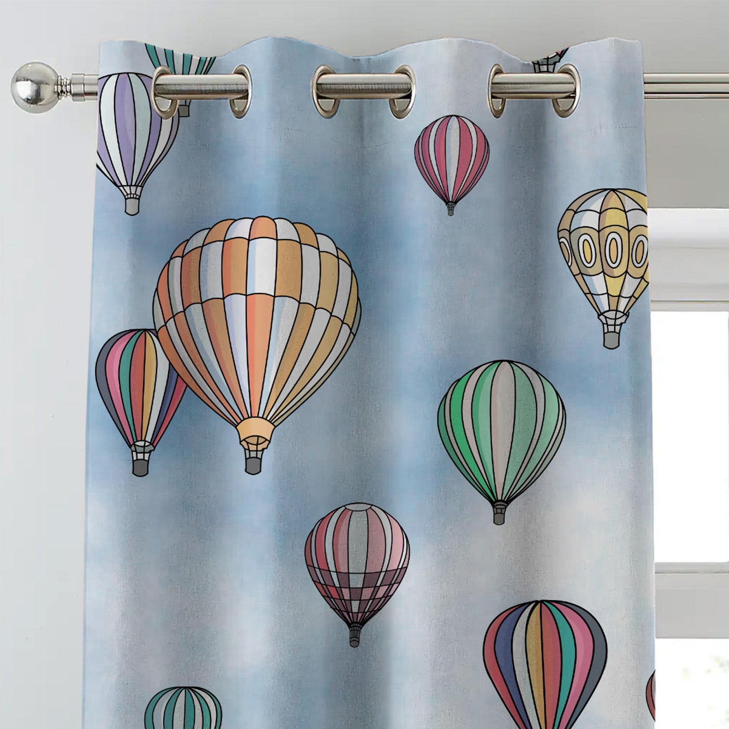 Hot Air Ballons Kids Sky Blue Heavy Satin Blackout Curtains Set Of 2 - (DS462A)