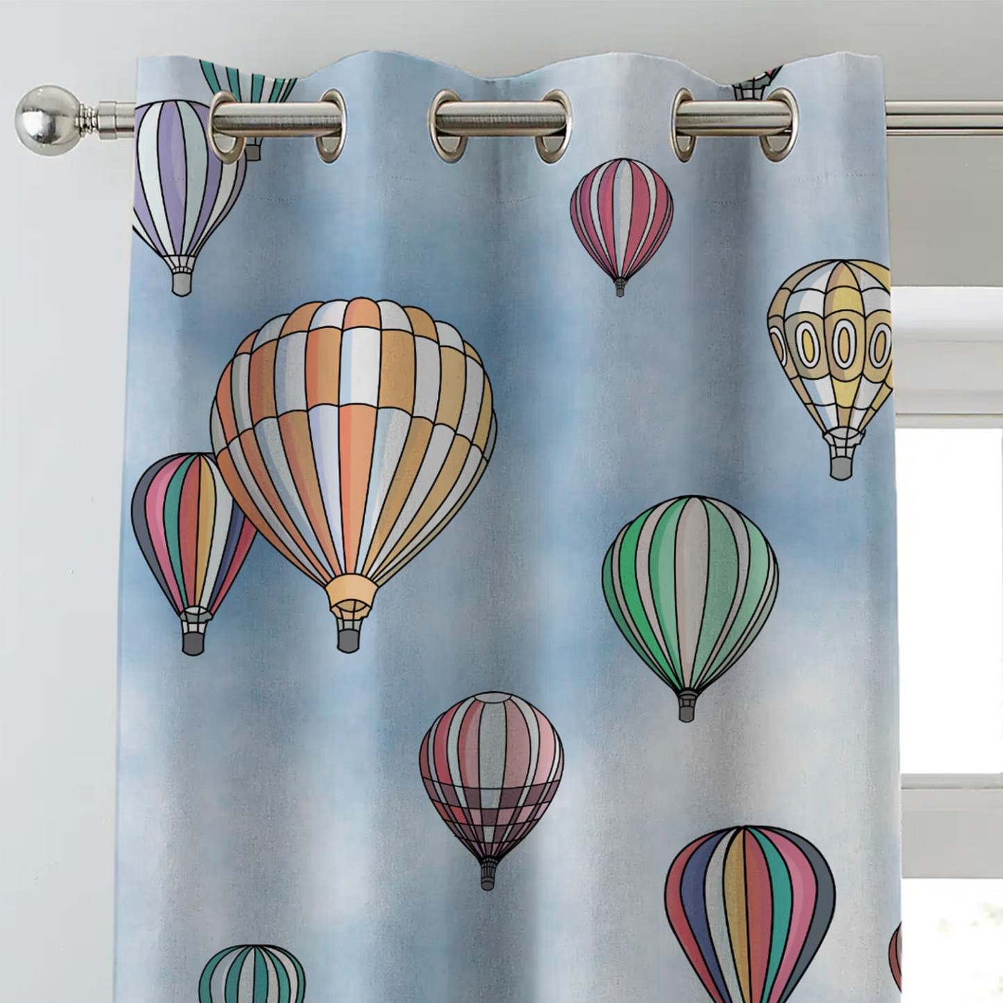 Hot Air Ballons Kids Sky Blue Heavy Satin Blackout Curtains Set Of 2 - (DS462A)