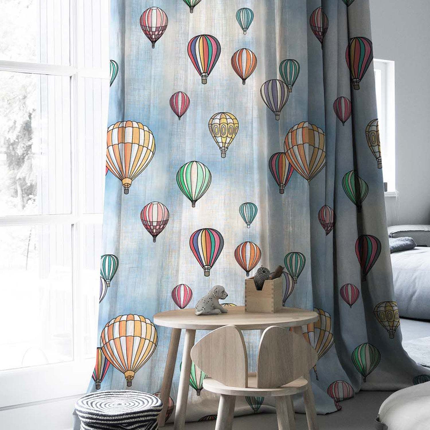 Hot Air Ballons Kids Sky Blue Heavy Satin Blackout Curtains Set Of 2 - (DS462A)