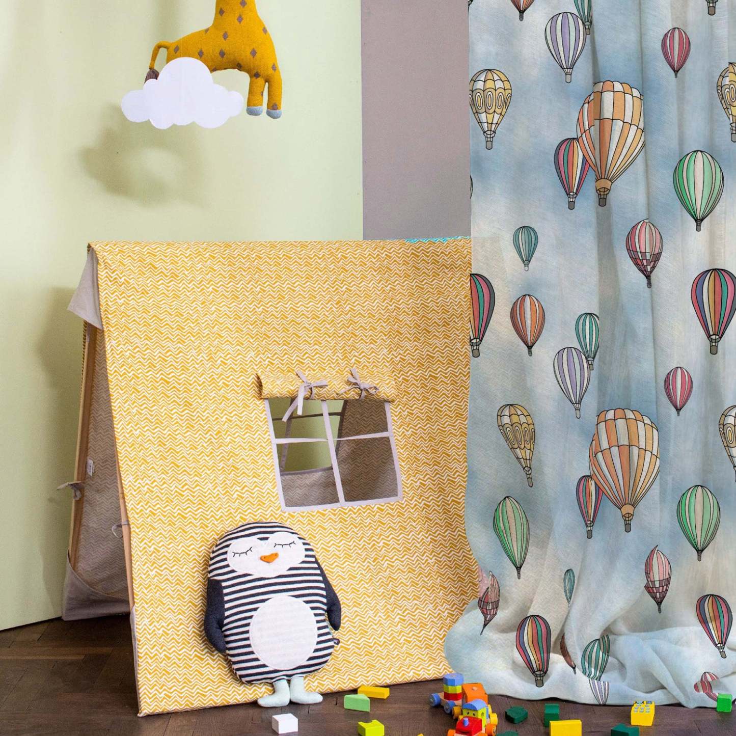 Hot Air Ballons Kids Sky Blue Heavy Satin Blackout Curtains Set Of 2 - (DS462A)