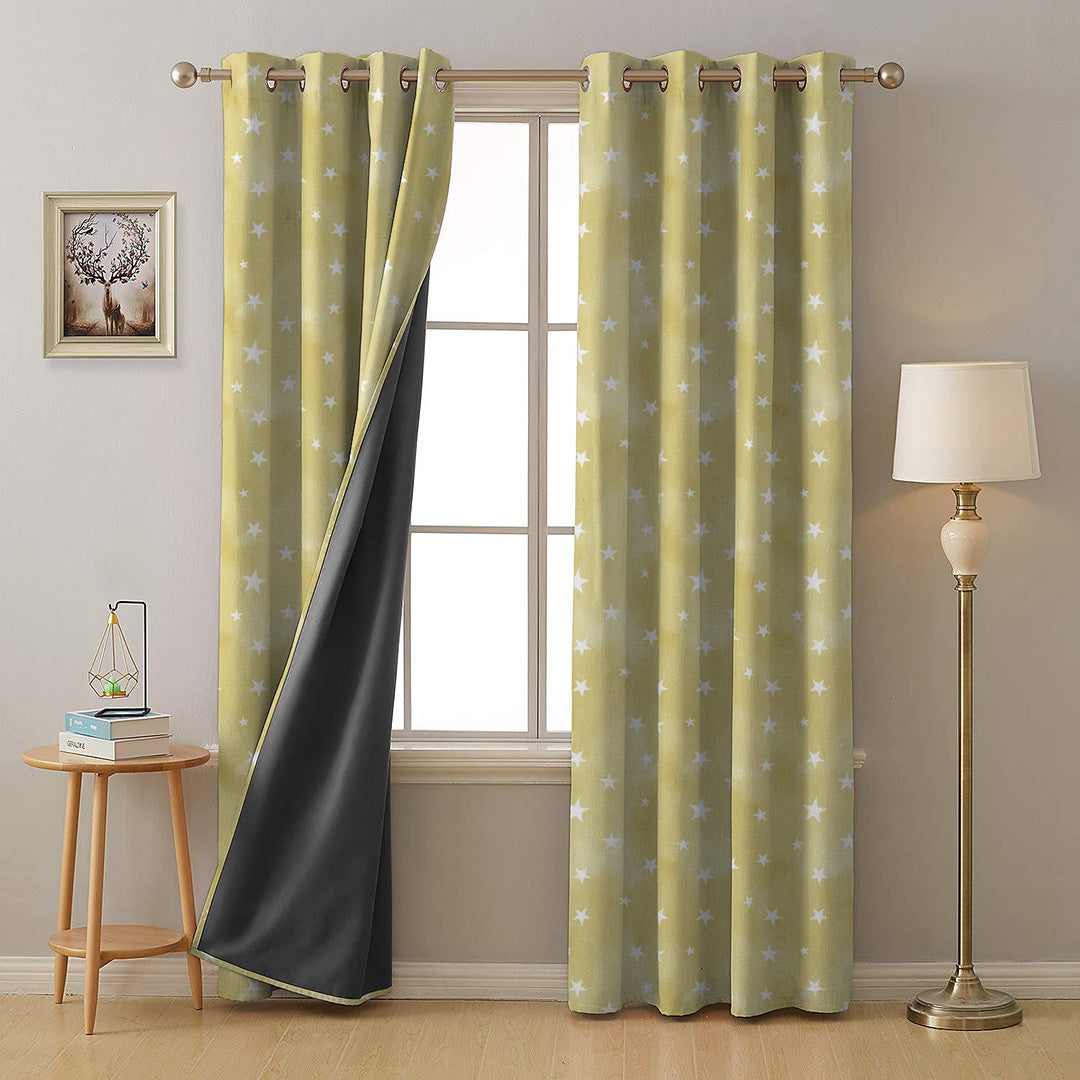 Starry Dreams Kids Lemon Yellow Heavy Satin Blackout curtains Set Of 2 - (DS463B)