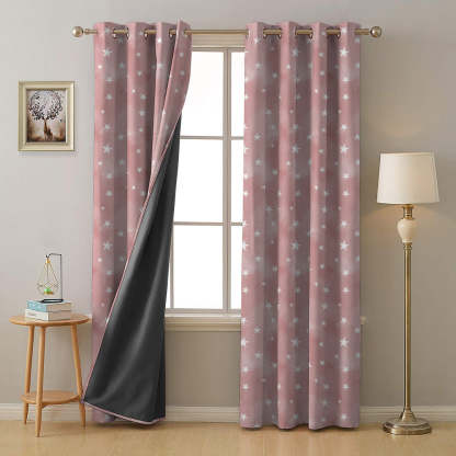 Starry Dreams Kids Peach Pink Heavy Satin Room Darkening Curtains Set Of 2 - (DS463C)