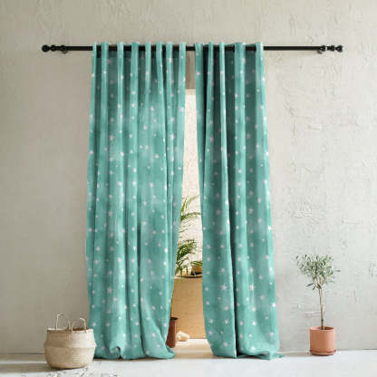 Starry Dreams Kids Mint Green Heavy Satin Room Darkening Curtains Set Of 2 - (DS463D)