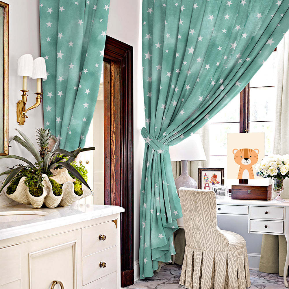 Starry Dreams Kids Mint Green Heavy Satin Room Darkening Curtains Set Of 2 - (DS463D)