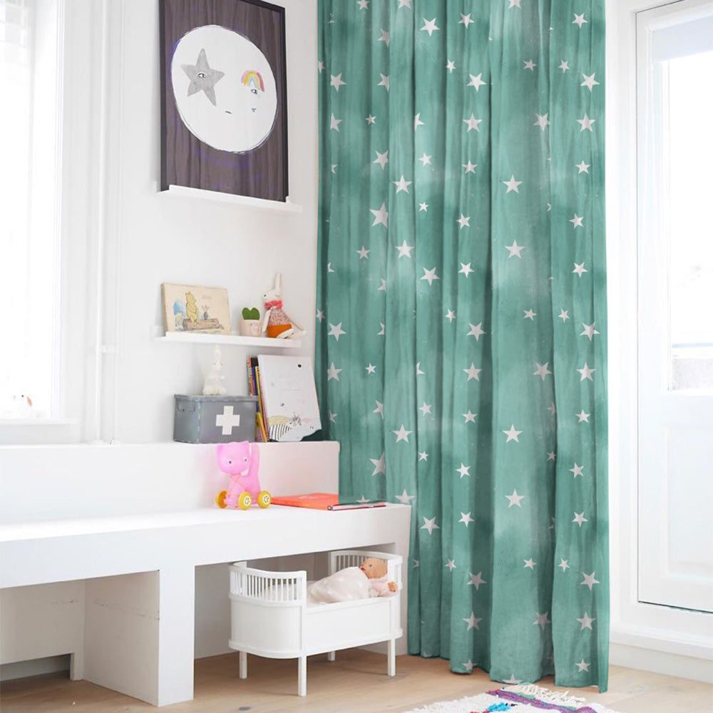 Starry Dreams Kids Mint Green Heavy Satin Room Darkening Curtains Set Of 2 - (DS463D)