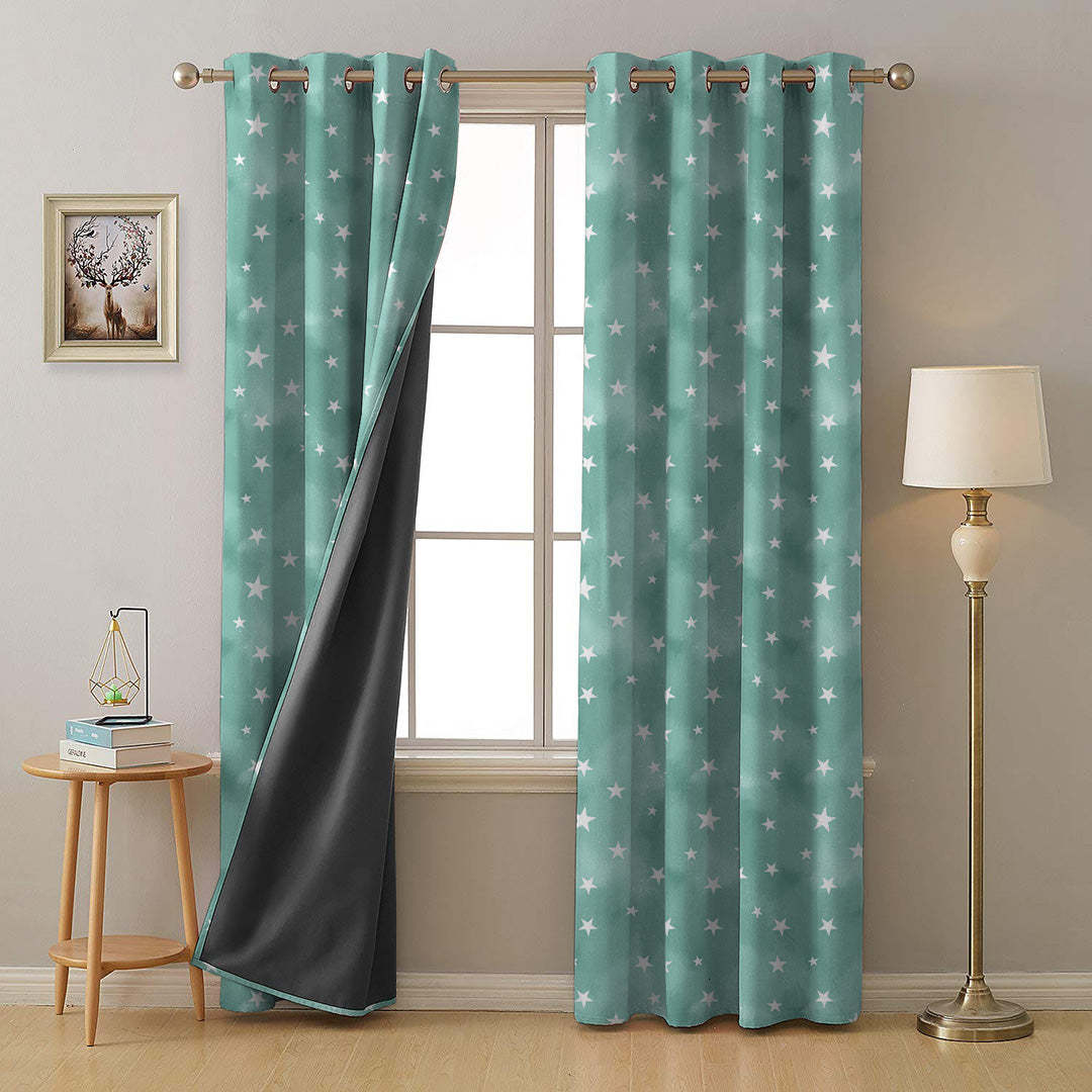 Starry Dreams Kids Mint Green Heavy Satin Room Darkening Curtains Set Of 2 - (DS463D)