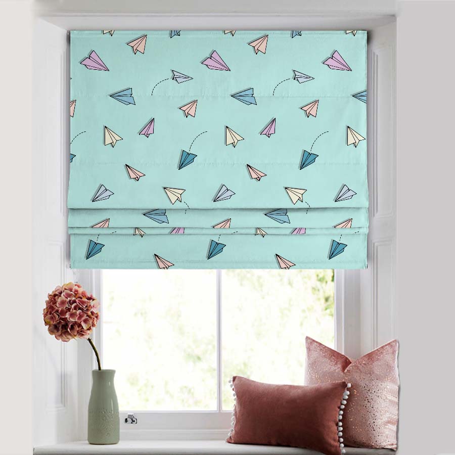 Origami planes Kids Mint Blue Satin Roman Blind (DS464B)
