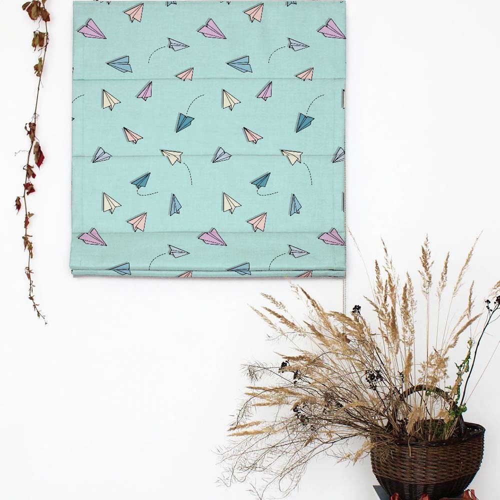 Origami planes Kids Mint Blue Satin Roman Blind (DS464B)
