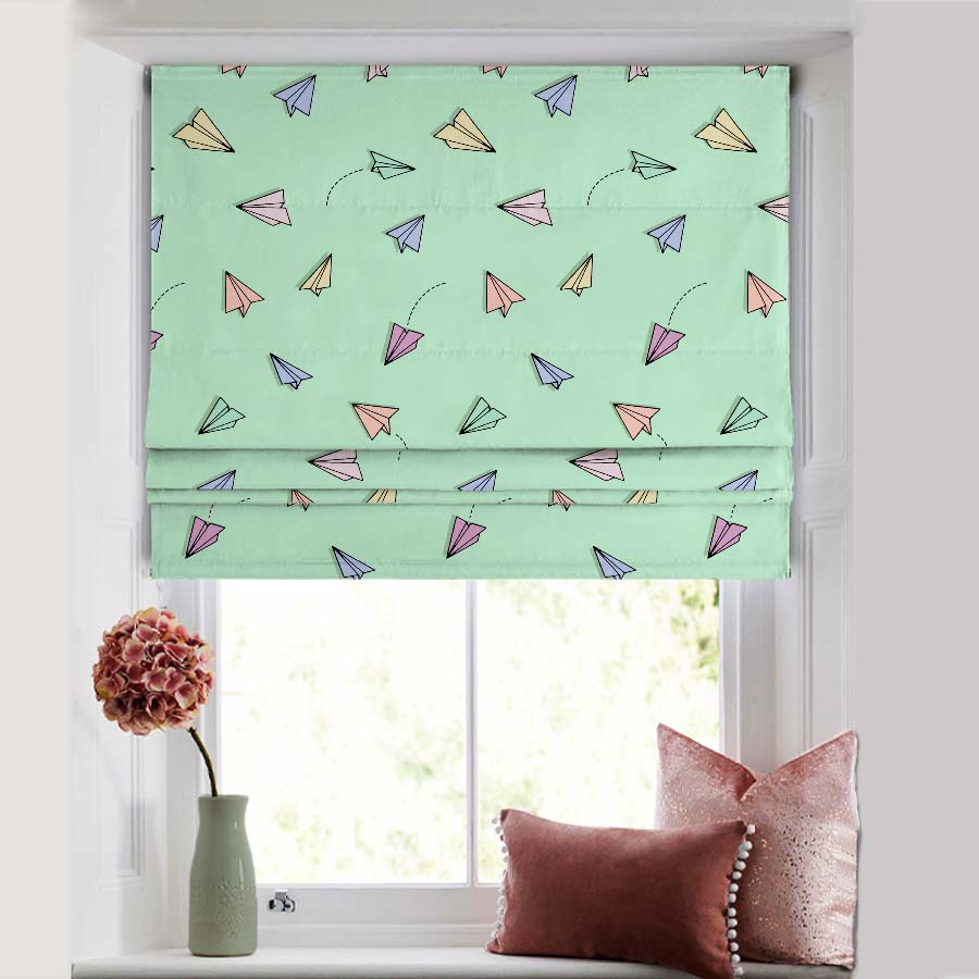 Origami planes Kids Mint Green Satin Roman Blind (DS464D)