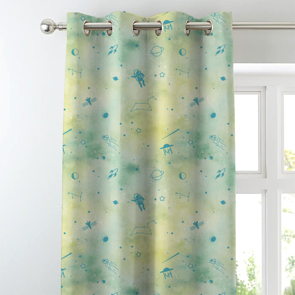 Playful Planets Kids Pastel Green Heavy Satin Room Darkening Curtains Set Of 2 - (DS465A)