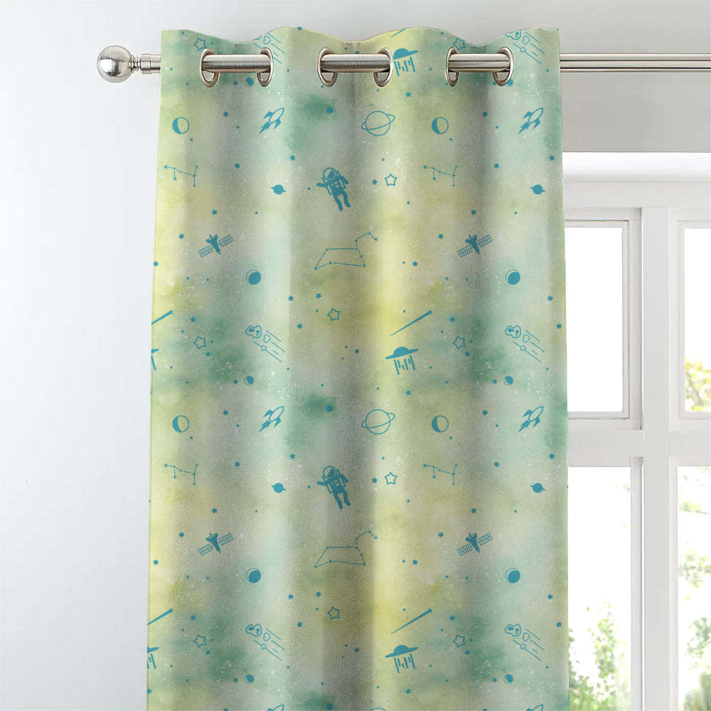 Playful Planets Kids Pastel Green Heavy Satin Room Darkening Curtains Set Of 2 - (DS465A)