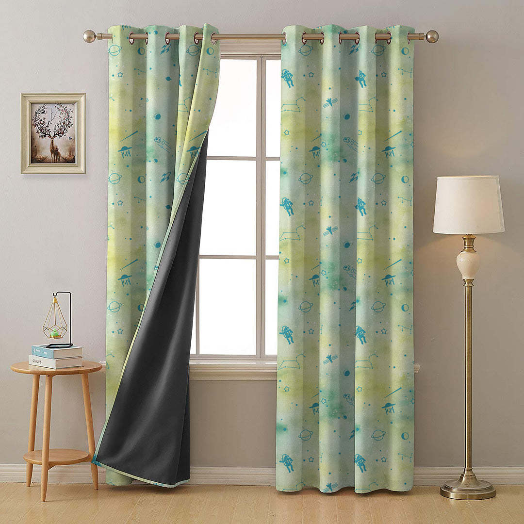 Playful Planets Kids Pastel Green Heavy Satin Room Darkening Curtains Set Of 2 - (DS465A)