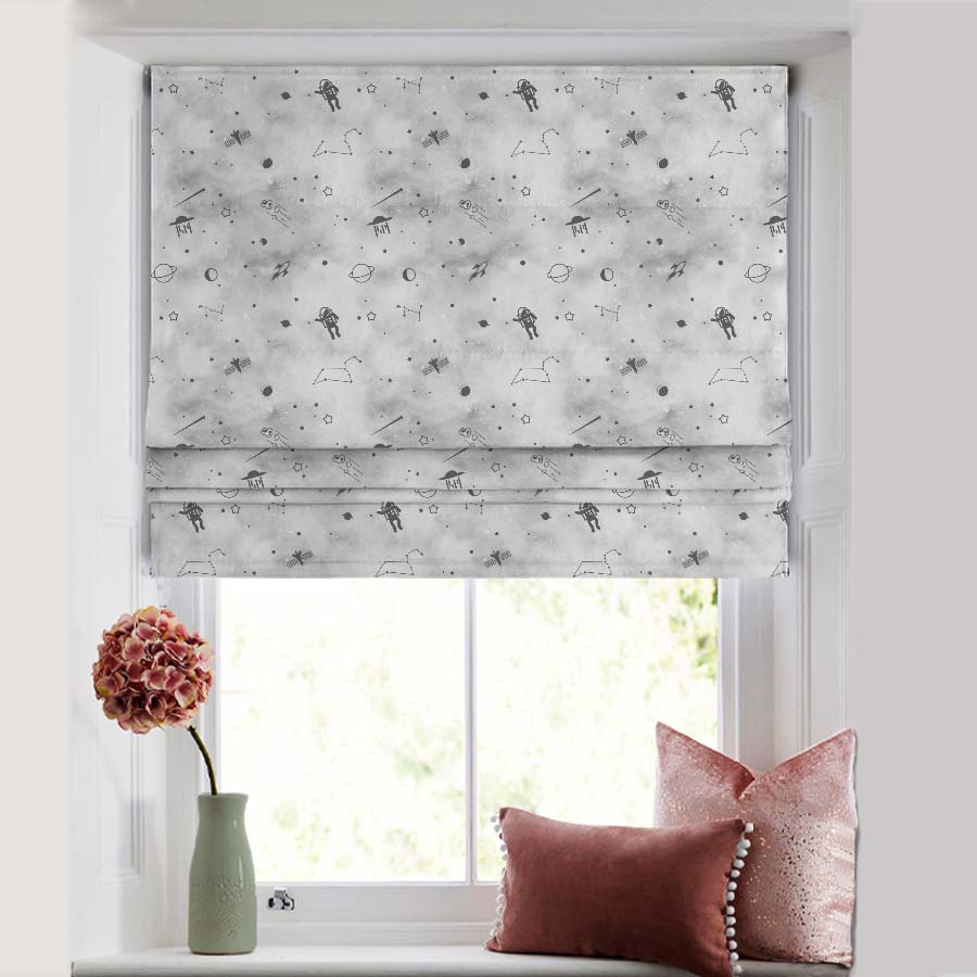 Playful Planets Kids Slate Grey Satin Roman Blind (DS465C)