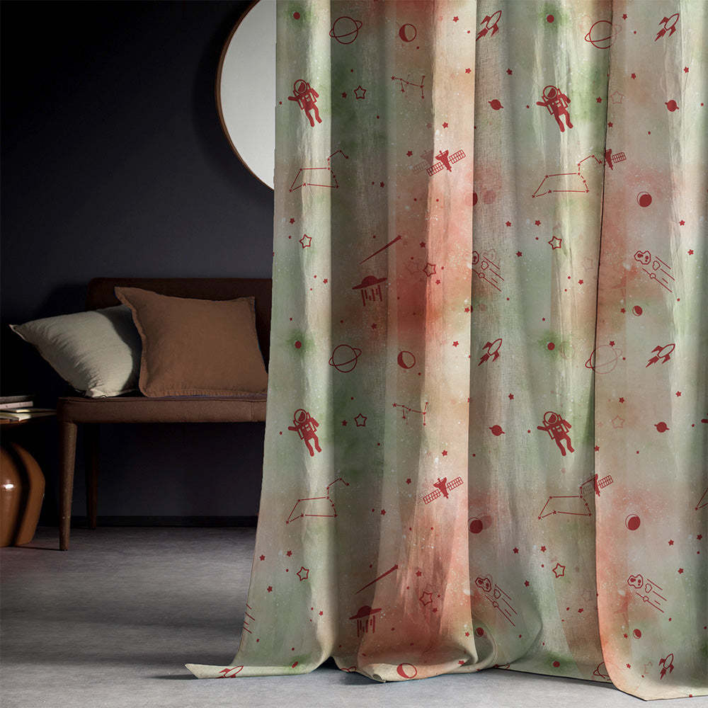 Playful Planets Kids Orange Heavy Satin Blackout curtains Set Of 2 - (DS465D)