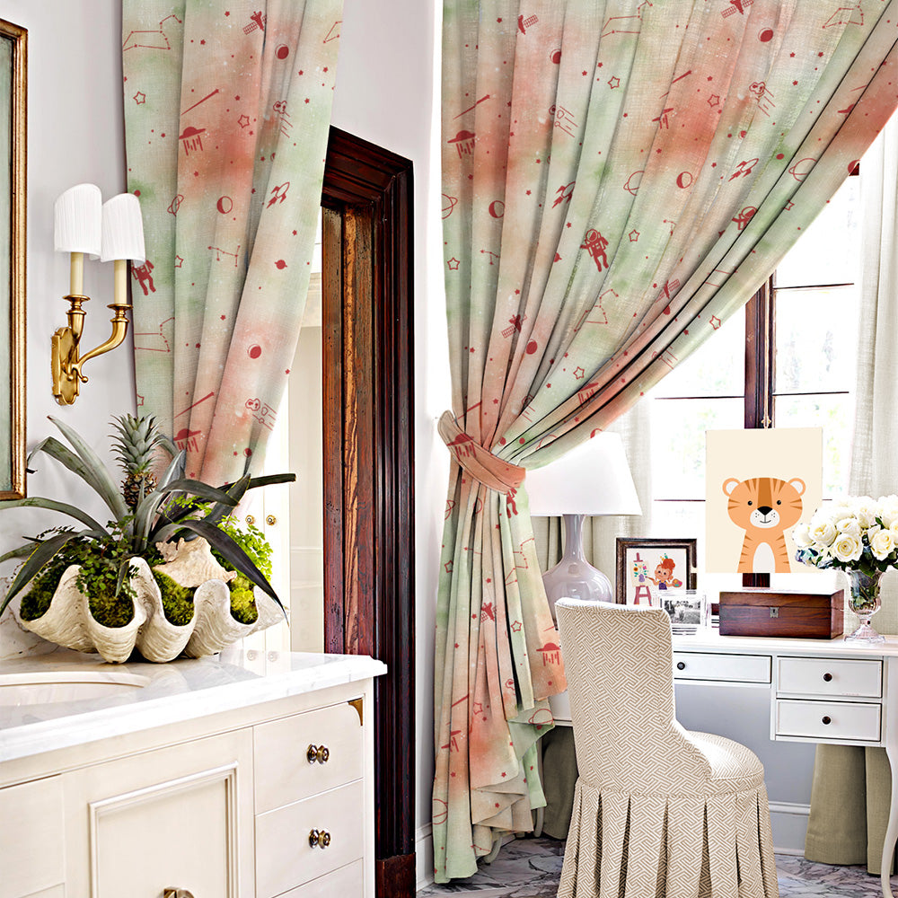 Playful Planets Kids Orange Heavy Satin Blackout curtains Set Of 2 - (DS465D)