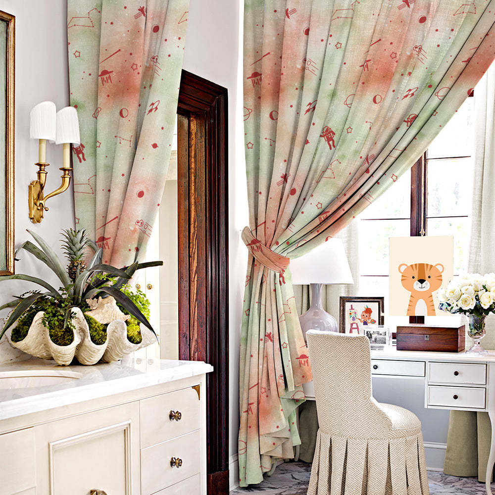 Playful Planets Kids Orange Heavy Satin Blackout curtains Set Of 2 - (DS465D)