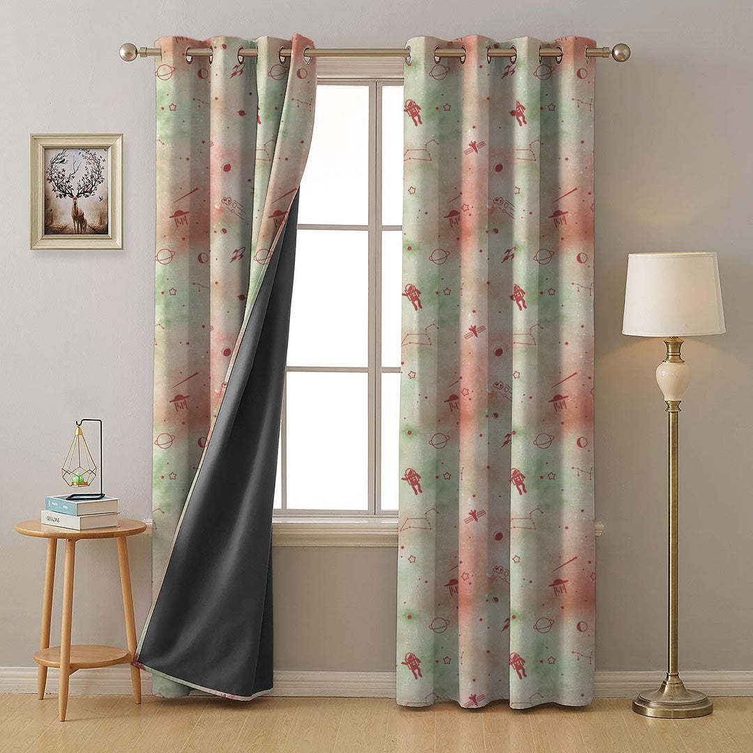 Playful Planets Kids Orange Heavy Satin Blackout curtains Set Of 2 - (DS465D)