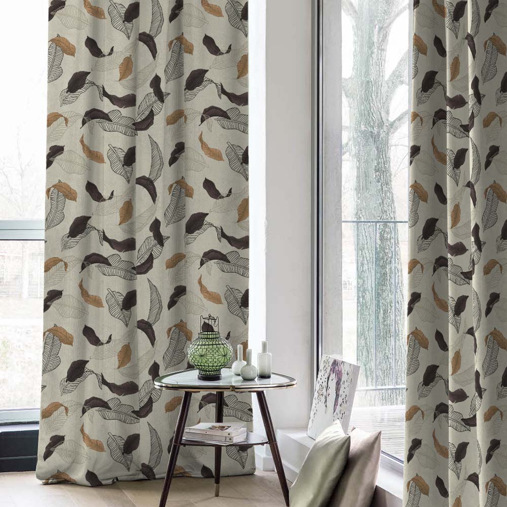 Leafy Drift Floral Charcoal Grey Heavy Satin Blackout curtains Set Of 2 - (DS467B)