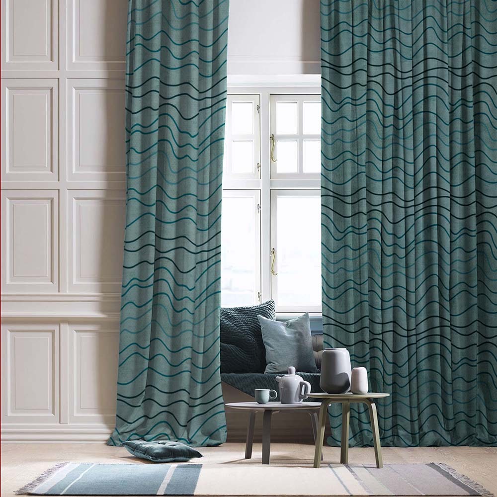 Aqua Swirls Geometric Turquoise Heavy Satin Room Darkening Curtains Set Of 2 - (DS469A)
