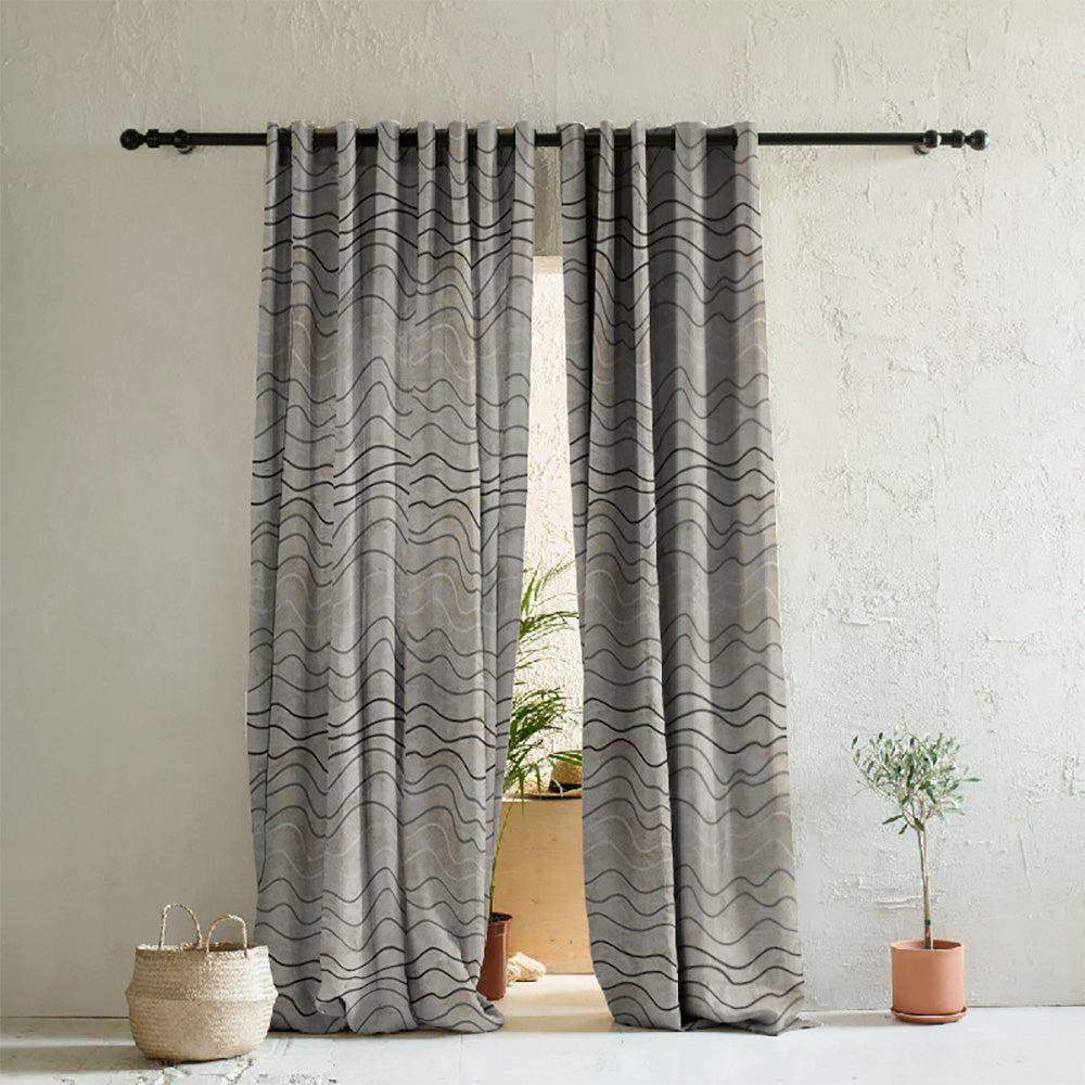 Aqua Swirls Geometric Charcoal Grey Heavy Satin Room Darkening Curtains Set Of 2 - (DS469B)