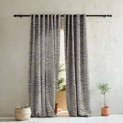 Aqua Swirls Geometric Charcoal Grey Heavy Satin Room Darkening Curtains Set Of 2 - (DS469B)