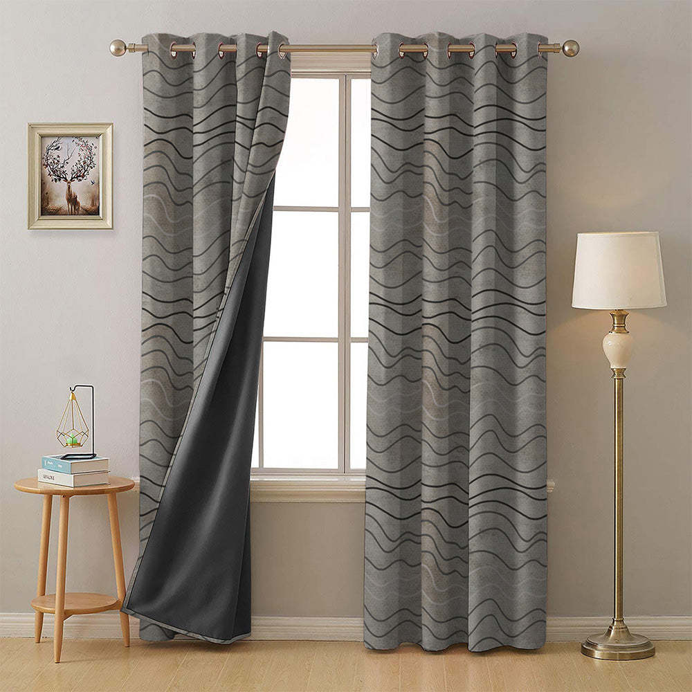 Aqua Swirls Geometric Charcoal Grey Heavy Satin Room Darkening Curtains Set Of 2 - (DS469B)