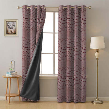 Aqua Swirls Geometric Maroon Heavy Satin Blackout curtains Set Of 2 - (DS469C)