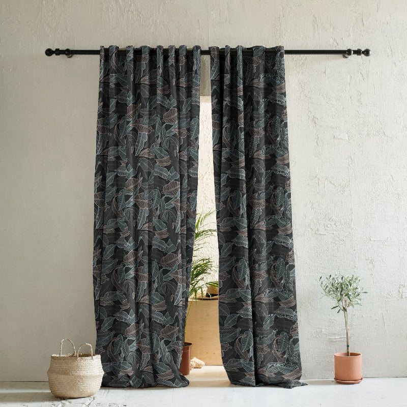 Leafy Silhouette Floral Charcoal Grey Heavy Satin Blackout curtains Set Of 2 - (DS470B)