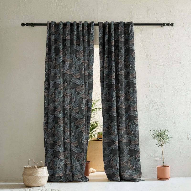 Leafy Silhouette Floral Charcoal Grey Heavy Satin Blackout curtains Set Of 2 - (DS470B)