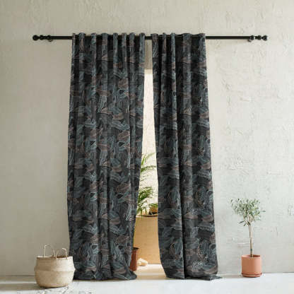Leafy Silhouette Floral Charcoal Grey Heavy Satin Blackout curtains Set Of 2 - (DS470B)