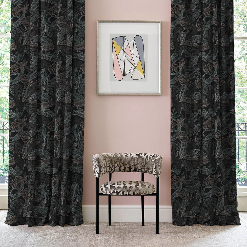 Leafy Silhouette Floral Charcoal Grey Heavy Satin Blackout curtains Set Of 2 - (DS470B)