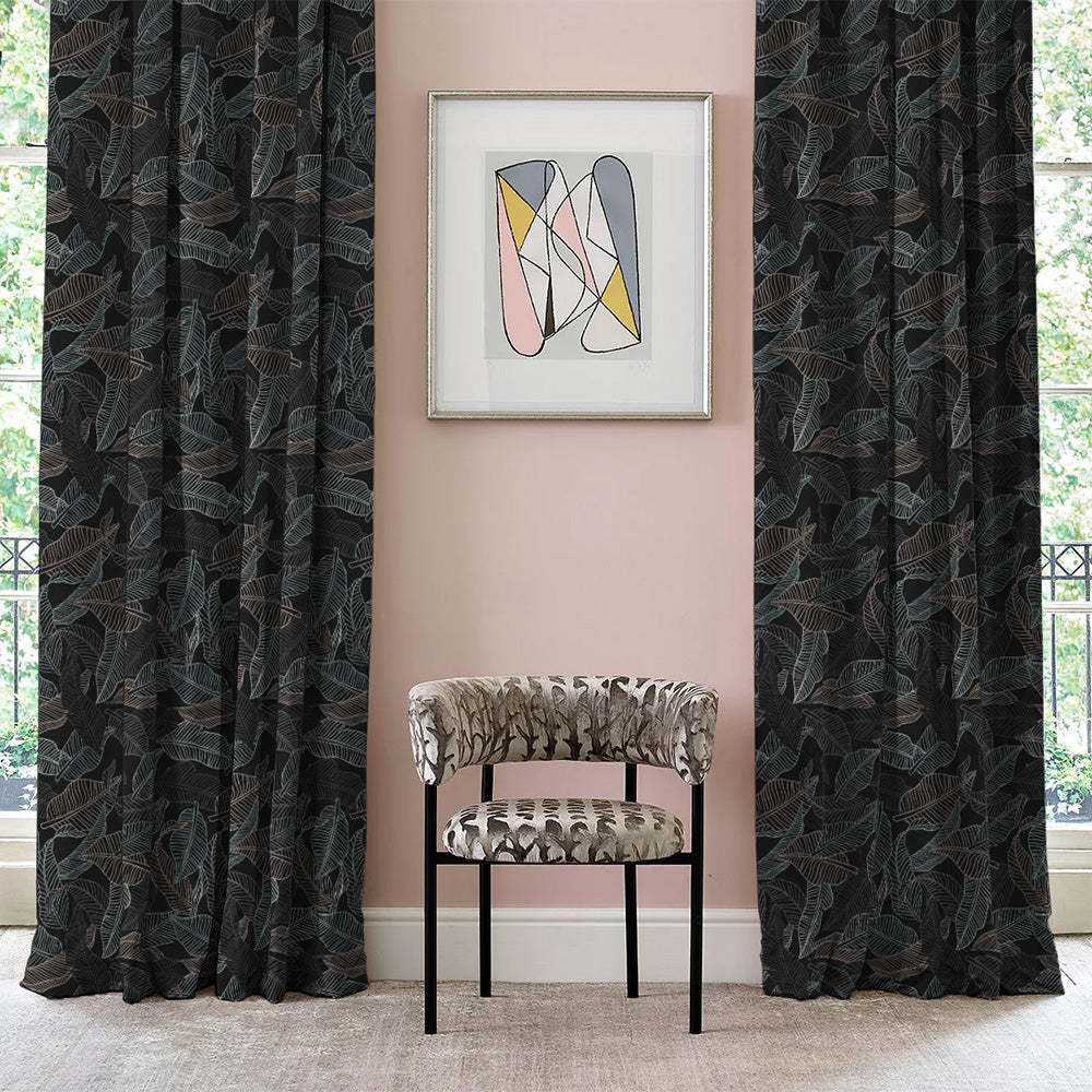 Leafy Silhouette Floral Charcoal Grey Heavy Satin Blackout curtains Set Of 2 - (DS470B)
