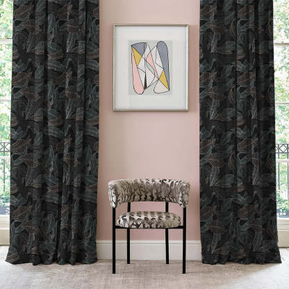 Leafy Silhouette Floral Charcoal Grey Heavy Satin Blackout curtains Set Of 2 - (DS470B)
