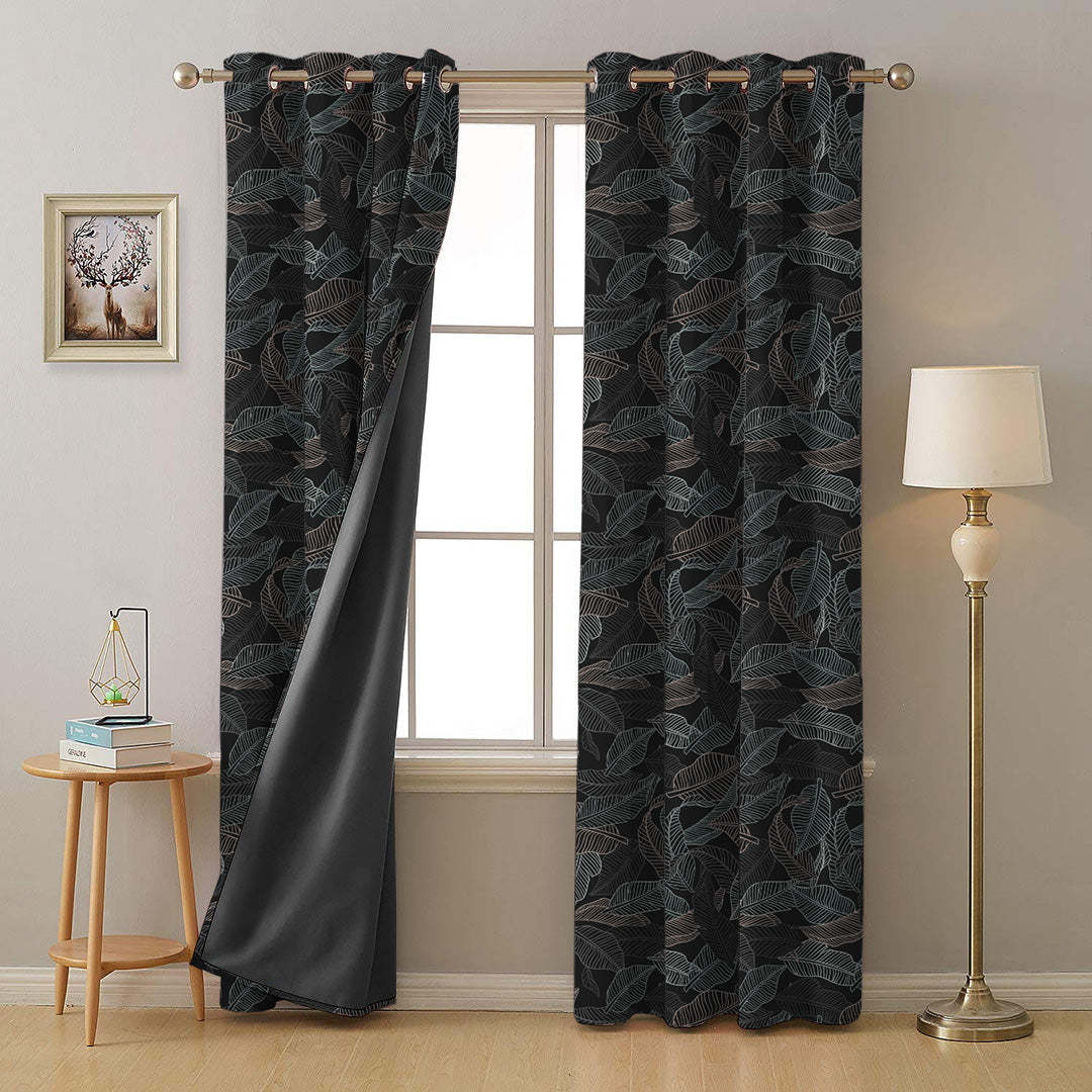 Leafy Silhouette Floral Charcoal Grey Heavy Satin Blackout curtains Set Of 2 - (DS470B)