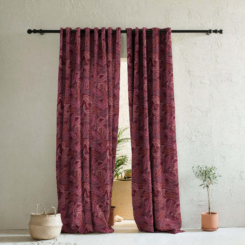 Leafy Silhouette Floral Maroon Heavy Satin Blackout curtains Set Of 2 - (DS470C)