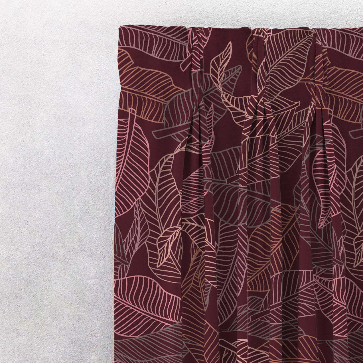 Leafy Silhouette Floral Maroon Heavy Satin Blackout curtains Set Of 2 - (DS470C)