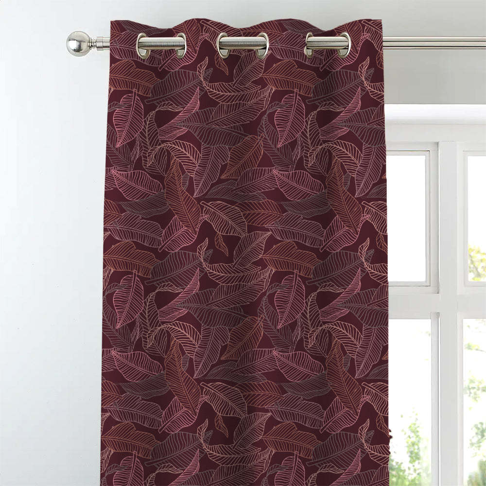 Leafy Silhouette Floral Maroon Heavy Satin Blackout curtains Set Of 2 - (DS470C)