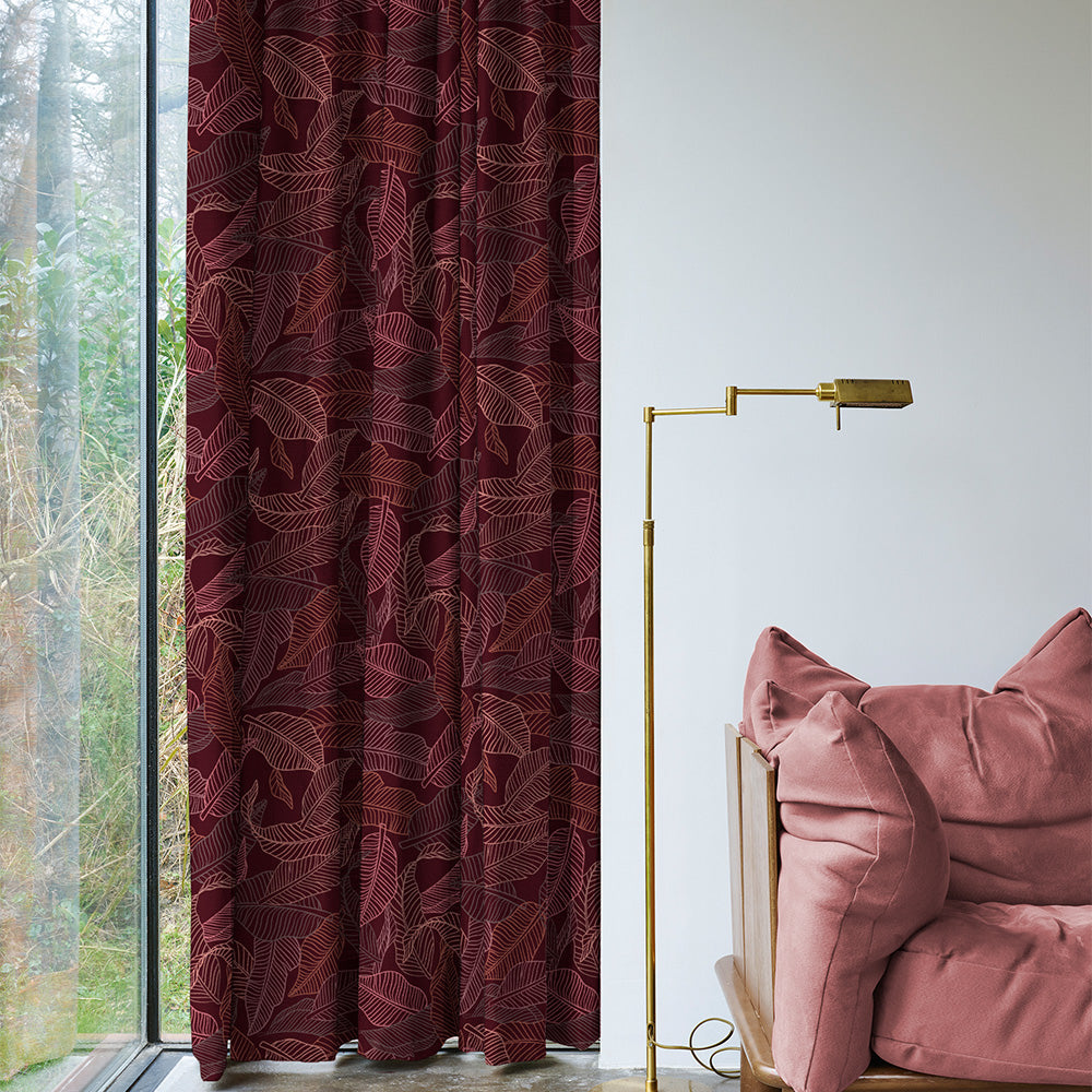 Leafy Silhouette Floral Maroon Heavy Satin Blackout curtains Set Of 2 - (DS470C)