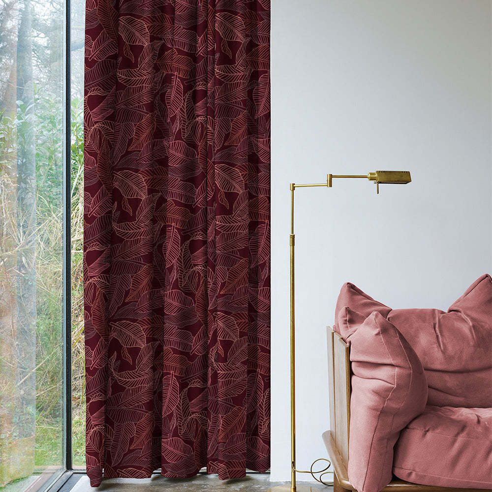 Leafy Silhouette Floral Maroon Heavy Satin Blackout curtains Set Of 2 - (DS470C)