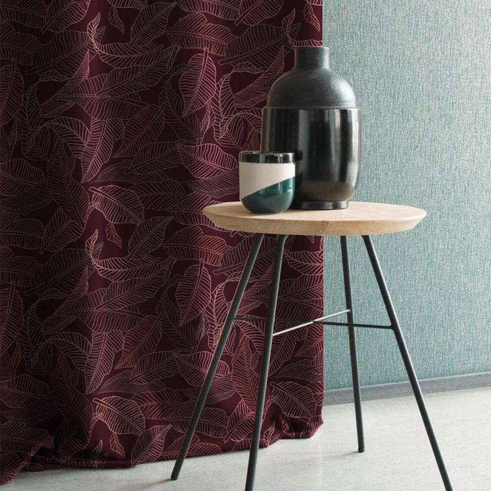 Leafy Silhouette Floral Maroon Heavy Satin Blackout curtains Set Of 2 - (DS470C)